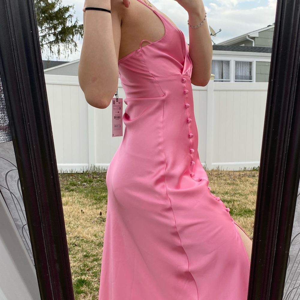 Pink long satin Zara dress - Picture 2 of 4